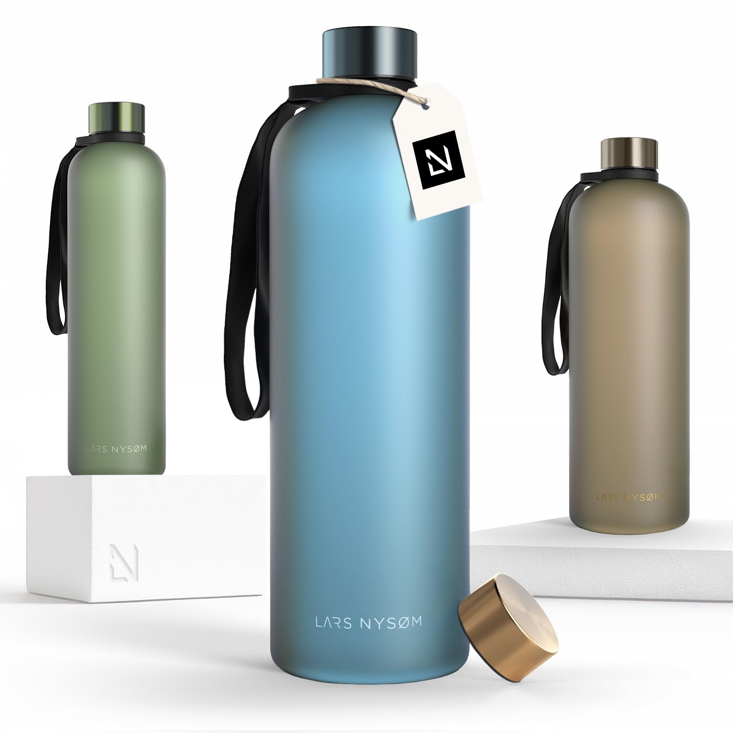 LARS NYSØM Water Bottle 51oz | Drinking Bottle 1,5Liter | Ultralight Tritan Sports Flask leak-proof | Ideal for sports, office, yoga | 2 lids included (Calypso Blue, XL 1500ml)