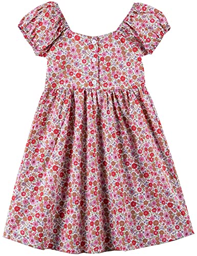 Noomelfish Toddler Girls Short Sleeve Floral Dress Casual Flower Printed Smocked Dresses, Red/Brown, 3 Years #TOP1