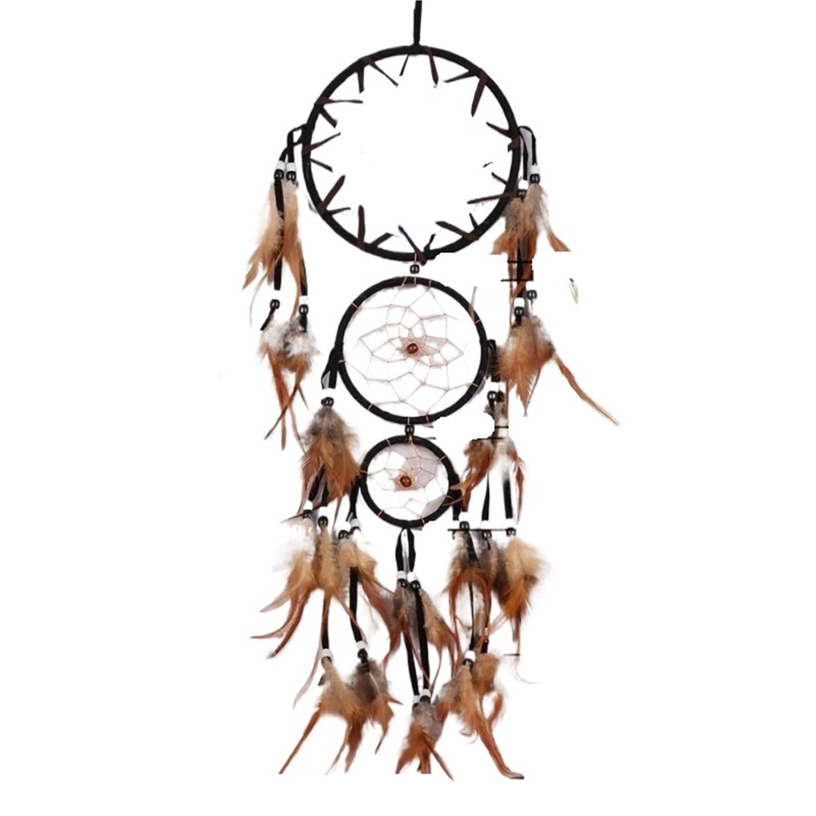 3PCS Handmade Dream Catcher With Brown Feathers Bead Home Hanging Wind Chimes Decoration for Bedroom(Style03)