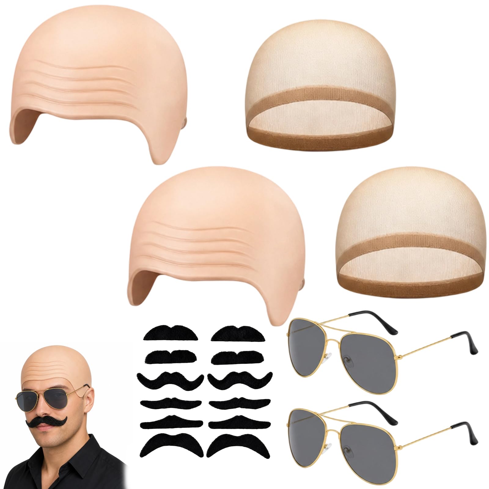 2 PCS Bald Cap Set with Hair Nets Glasses Beard for Multi‑Guests Halloween