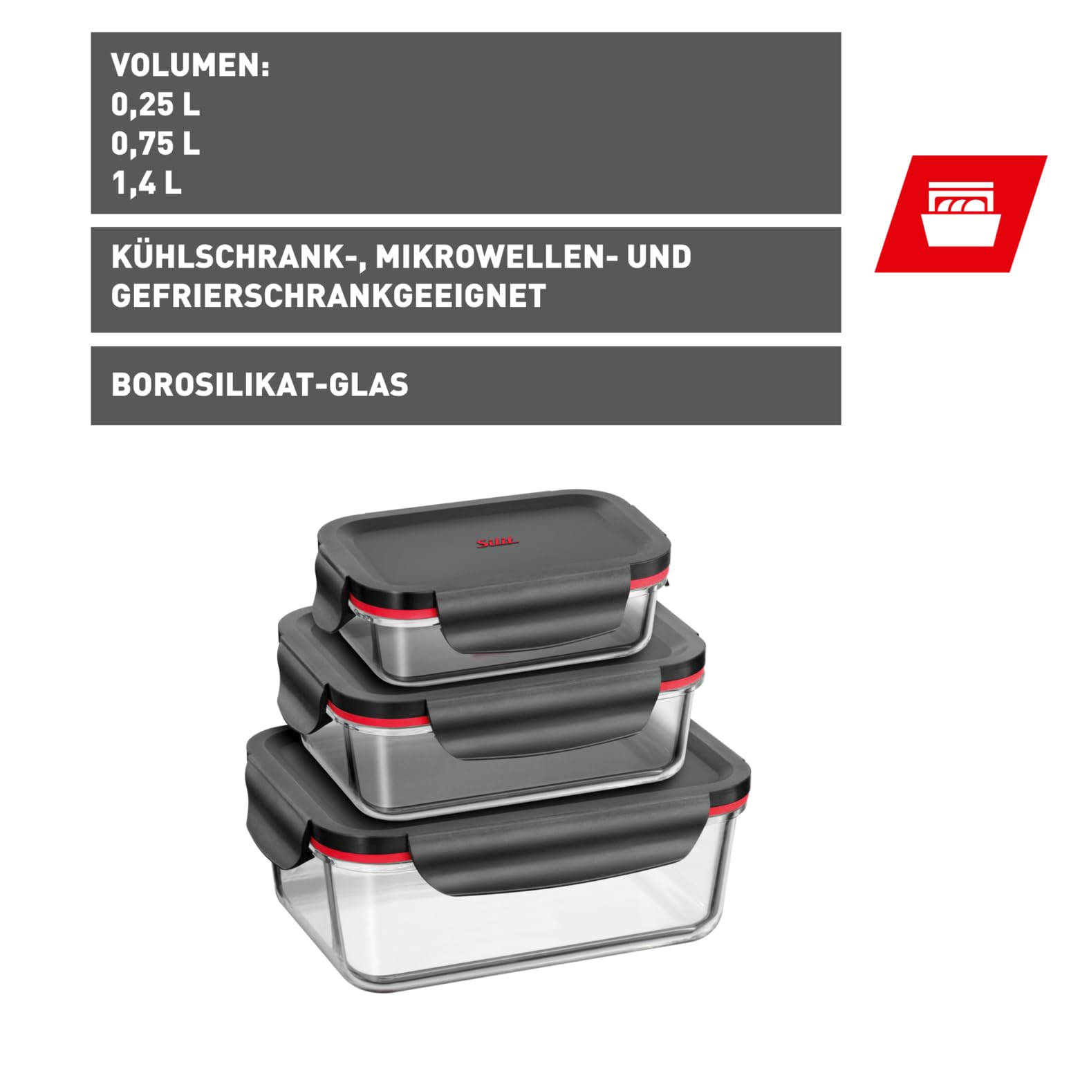Silit Storio Vorratsdose Set 3-teilig, Glasbehälter mit Deckel luftdicht, Frischhaltedosen, spülmaschinengeeignet, mikrowellengeeignet, backofengeeignet ohne Deckel