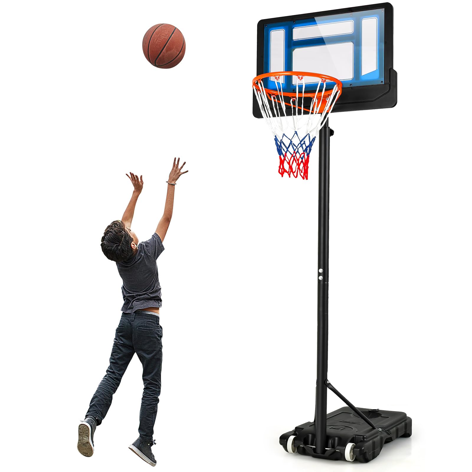 GYMAX Panier De Basket Enfant Hauteur Réglable 155-210 Cm - Base Remplissable Stable - Avec Roues