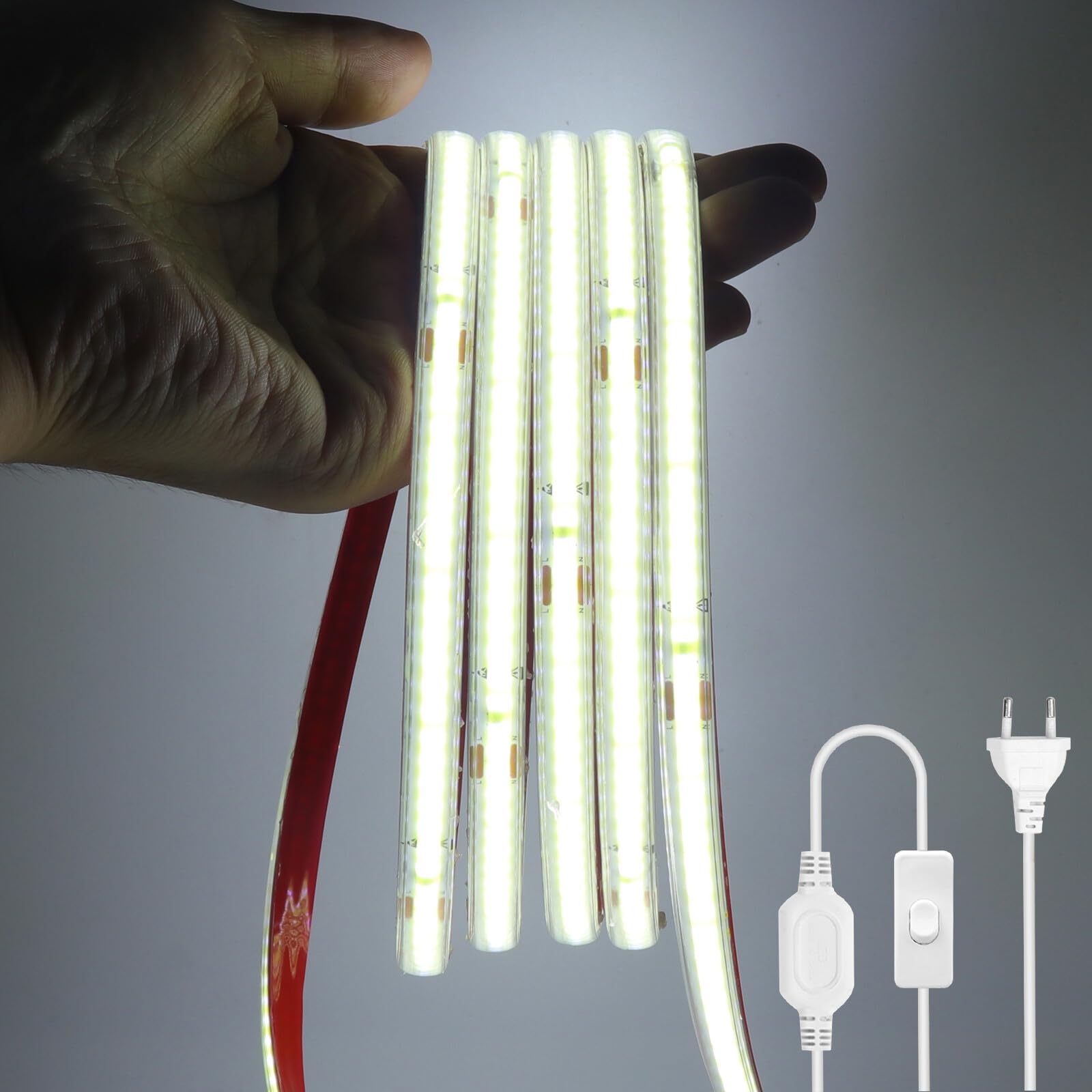 Tira LED COB 220V Con encendido/apagado [50M,Blanco 6000-6500K],IP65 impermeable flexible,240 LEDs/m Tira LED FCOB CRI85+,cortable cada 10cm,iluminación decorativa para hogar/tiendas