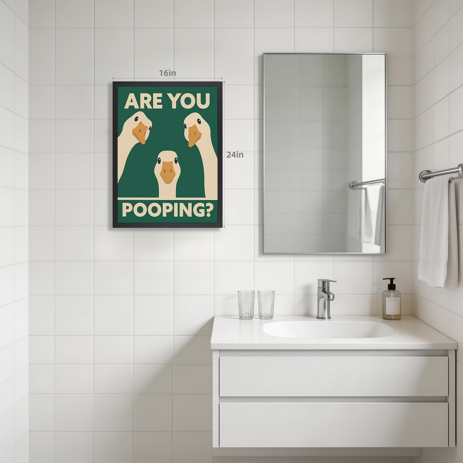 EisEver Funny Goose Bathroom Wall Art, Cute Whimsical Three Goose Wall Decor, “ARE YOU POOPING?” Animal Toilet Canvas Print, Modern Humor Kids Washroom Artwork for Restroom Wood Framed 16x24 Inch