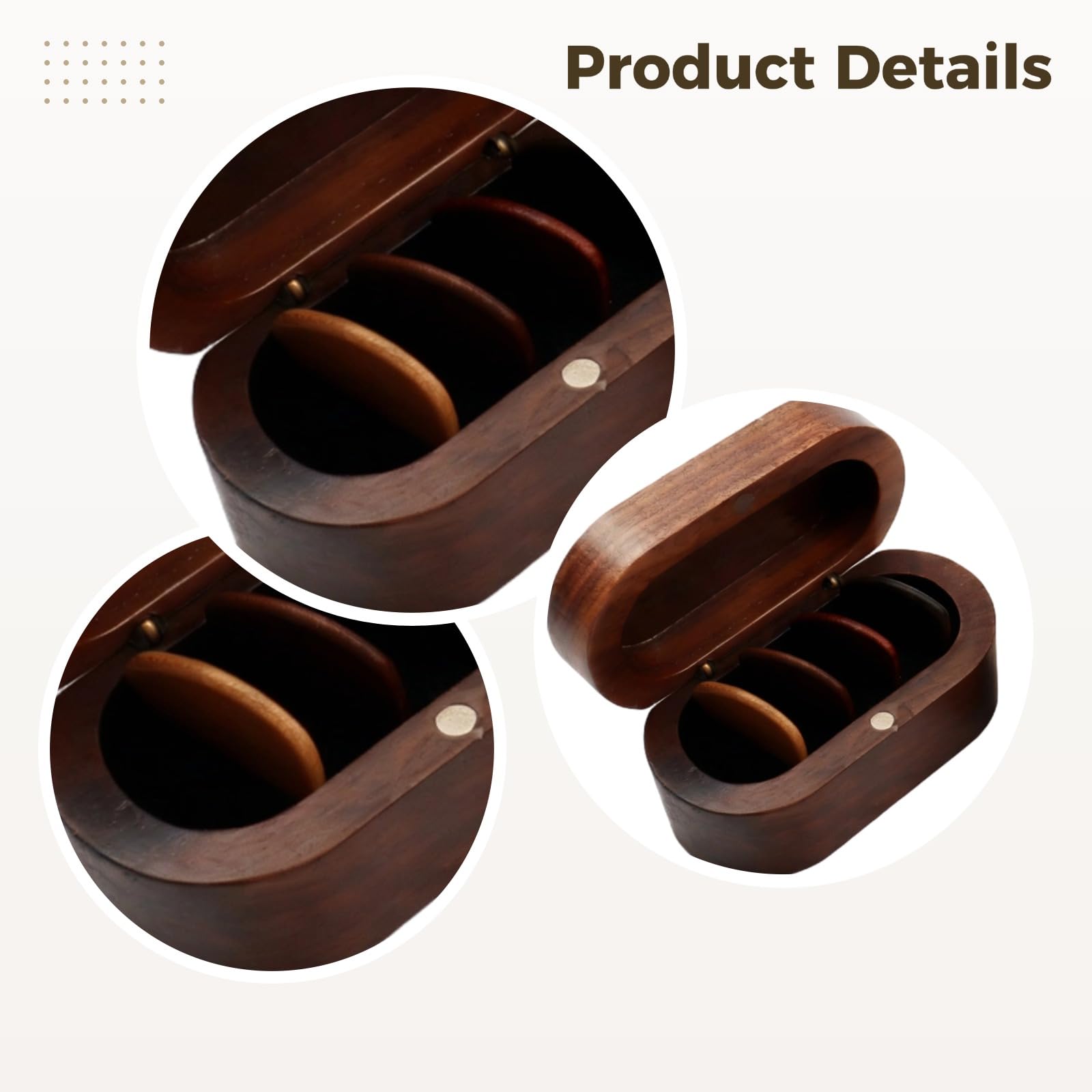 Caja de madera de nogal para púas de guitarra, incluye 4 púas, caja de almacenamiento retro para guitarra, organizador compacto para accesorios de guitarra, soporte de madera estable, 8,5 x 4,5 x 4 cm