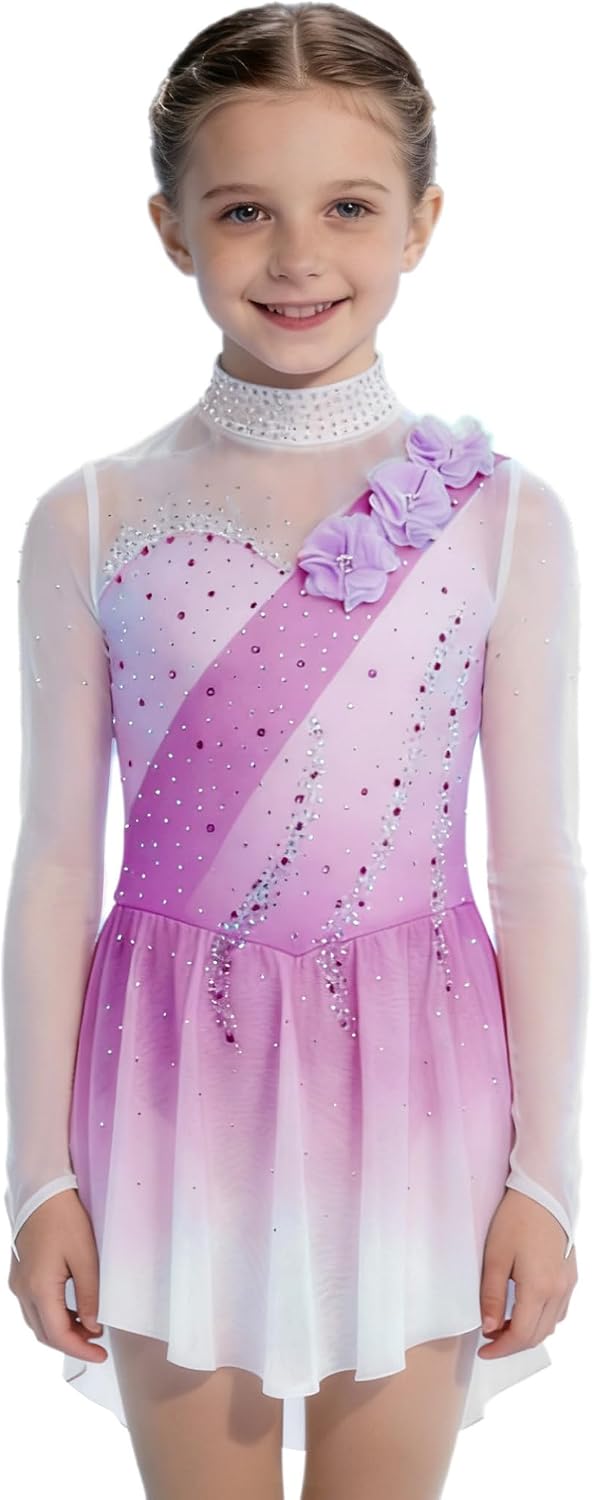 Linjinx Kids Girls Figure Ice Skating Dress 3D Flower Mesh Long Sleeve Ballet Lyrical Dance Leotard Dress Dancewear