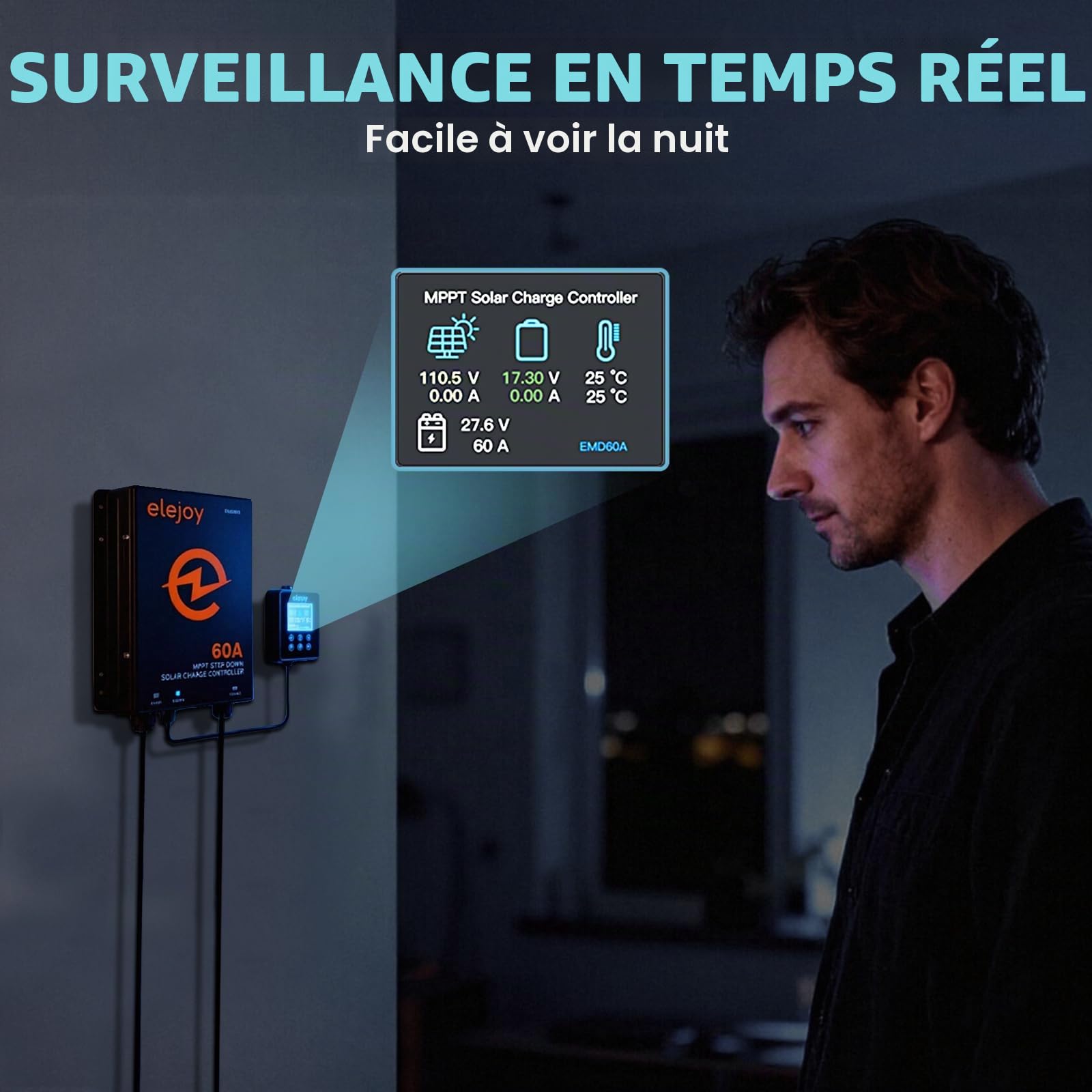 ContrôLeur de Charge Solaire Mppt 60a 12V-48V 99% Efficacité | Sortie RéGlable de 10V-60V Avec écran de RéGulation Du Panneau Solaire LCD Externe Refroidissement Par Air