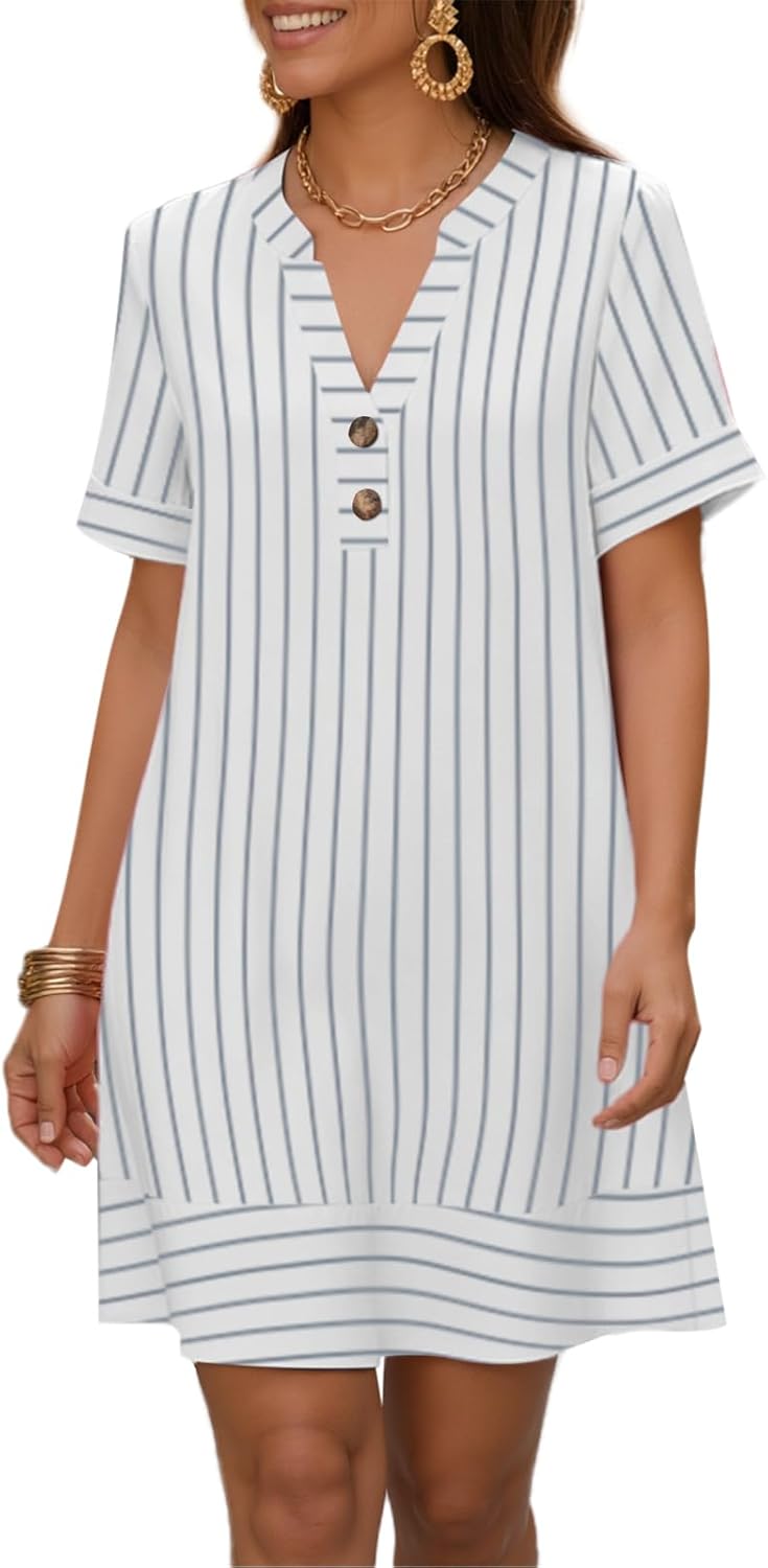 kipfall Summer Dresses for Women Casual Short Sleeve V Neck Sundresses Striped Printed Short Dress with Pocket