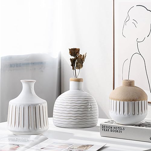 Miniatura 6 de Juego de 4 jarrones pequeños de cerámica minimalista boho para dormitorio, sala de estar, oficina, chimenea, centro de mesa, jarrones blancos