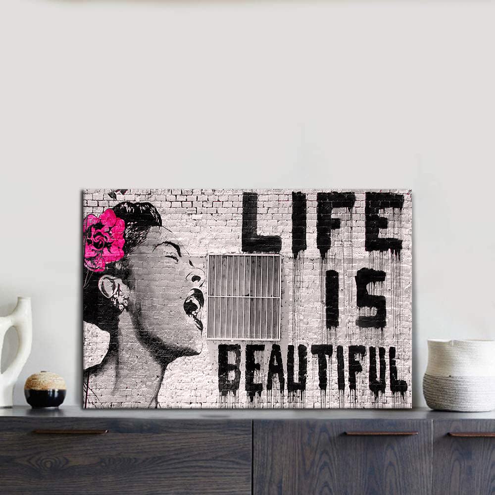額縁　BANKSY Life is beautiful Amazon.com: SIGNWIN Framed Canvas Wall Art Banksy Life is