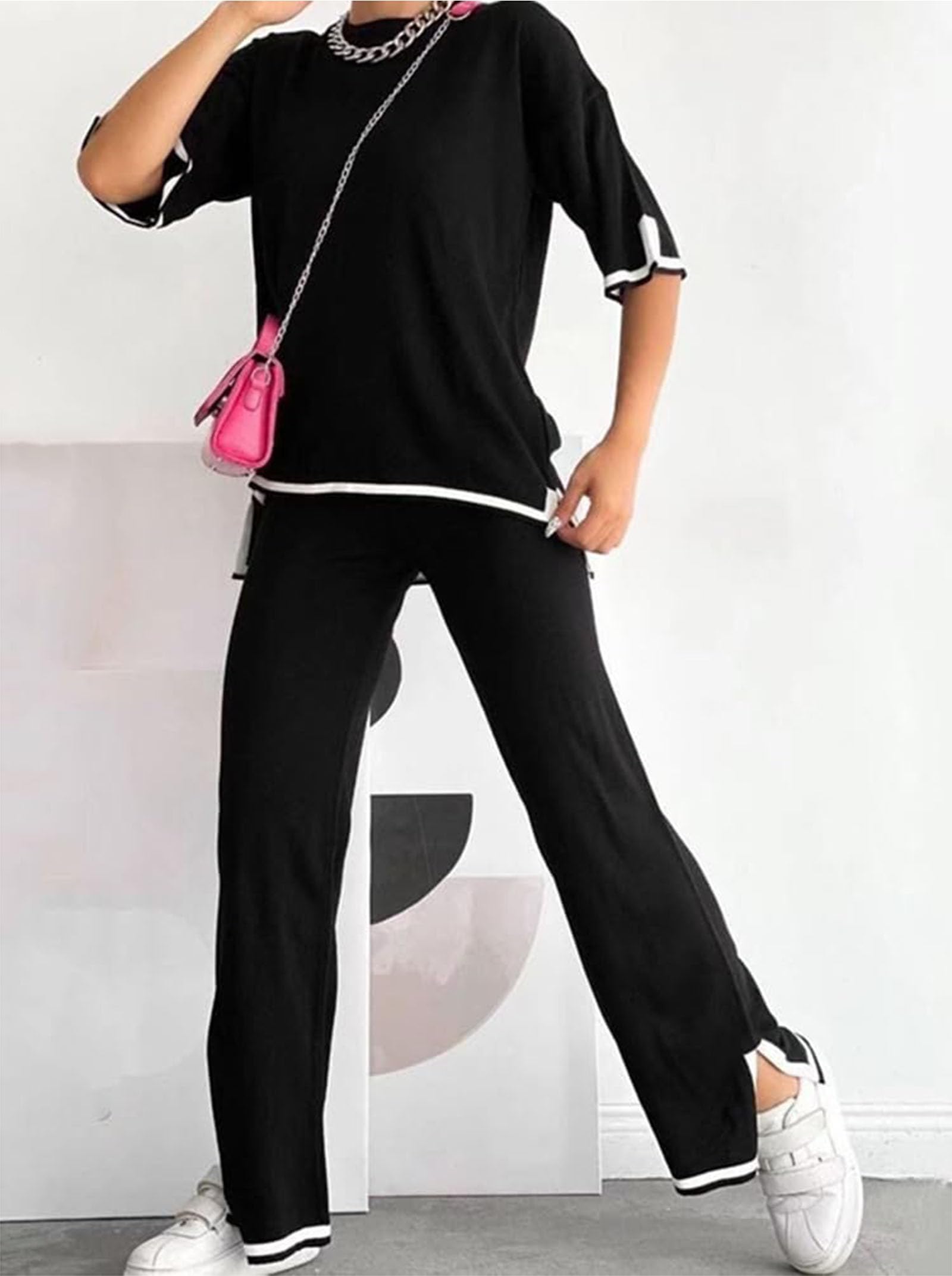 Womens Knit 2 Piece Sweater Sets Lounge Sets Silk Feel Oversized Casual Short Sleeve Knit Pullover Tops Wide Leg Pants Tracksuit Homewear Elegant Trousers Sets,006,M