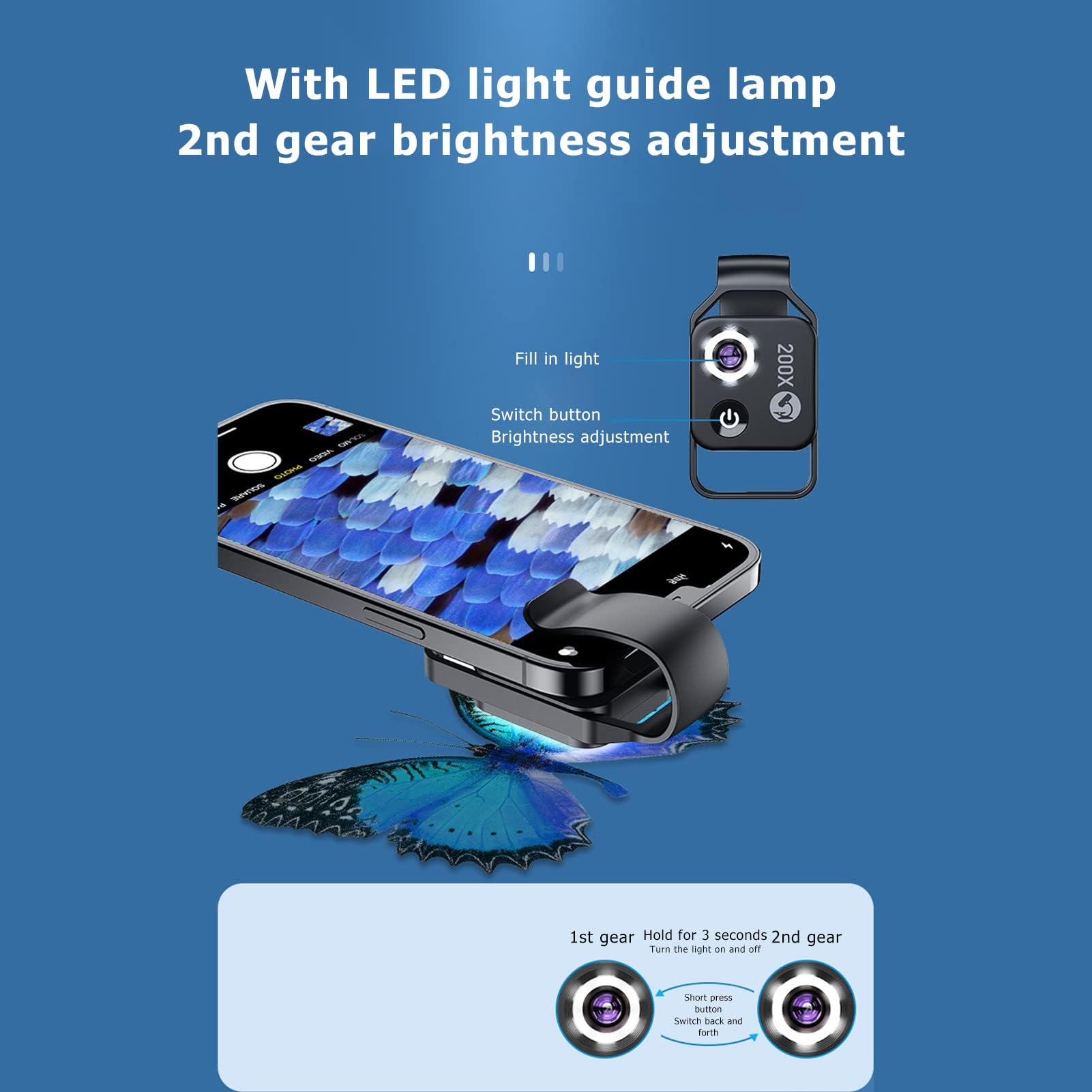 Microscopio de Teléfono 200X con Clip LED Universal, Mini Microscopio de Bolsillo Tipo C, Accesorios de Cámara para Teléfono (Negro)