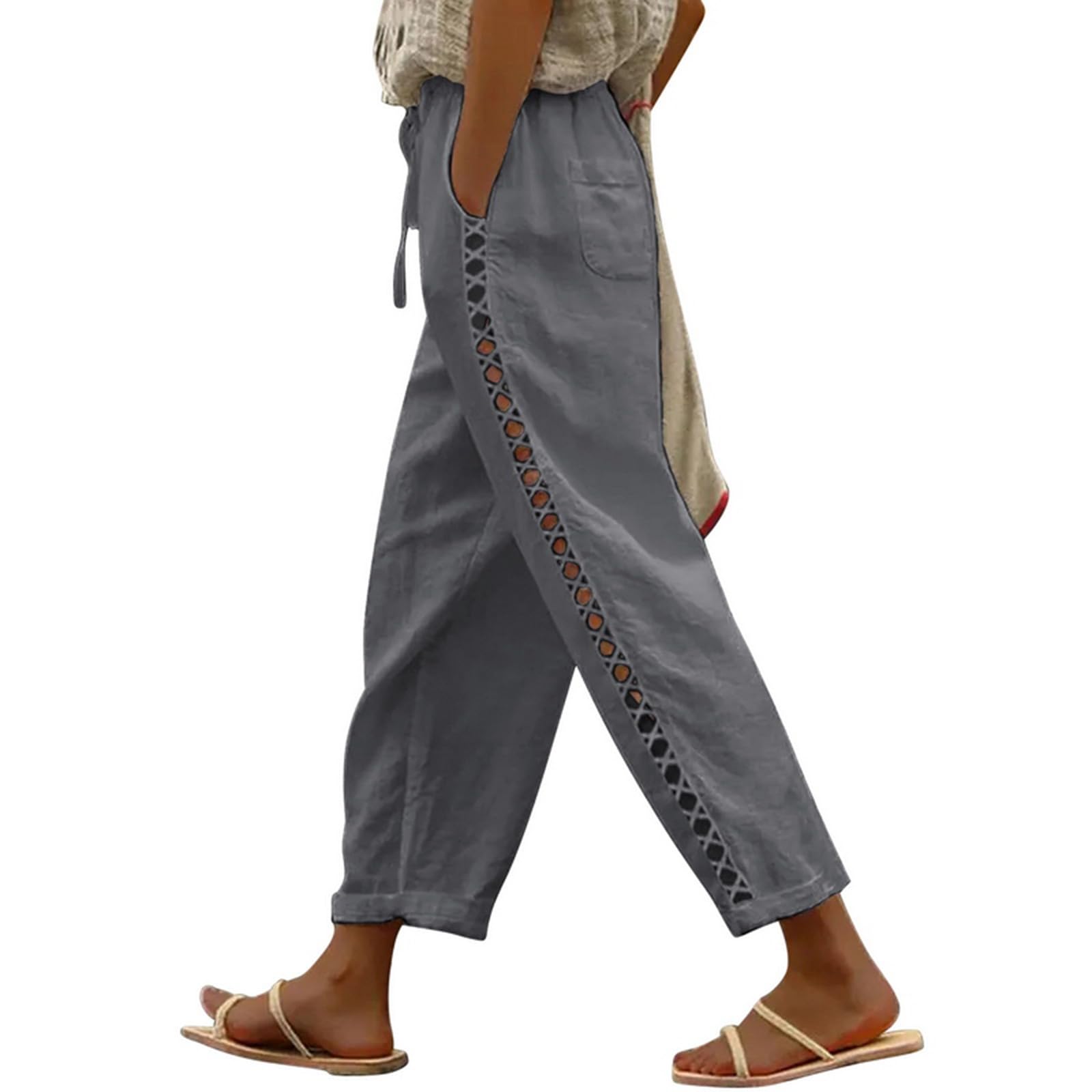 Puimentiua Sommerhose Damen Leicht,Sommer Leinenhose,7/8 Weiße Hose,Luftig Sommerhosen,High Waist Linen Pants,Elegant Stoffhose,Lockere Ausgehöhlt Hosen mit Tunnelzug und Taschen (S-XXL)