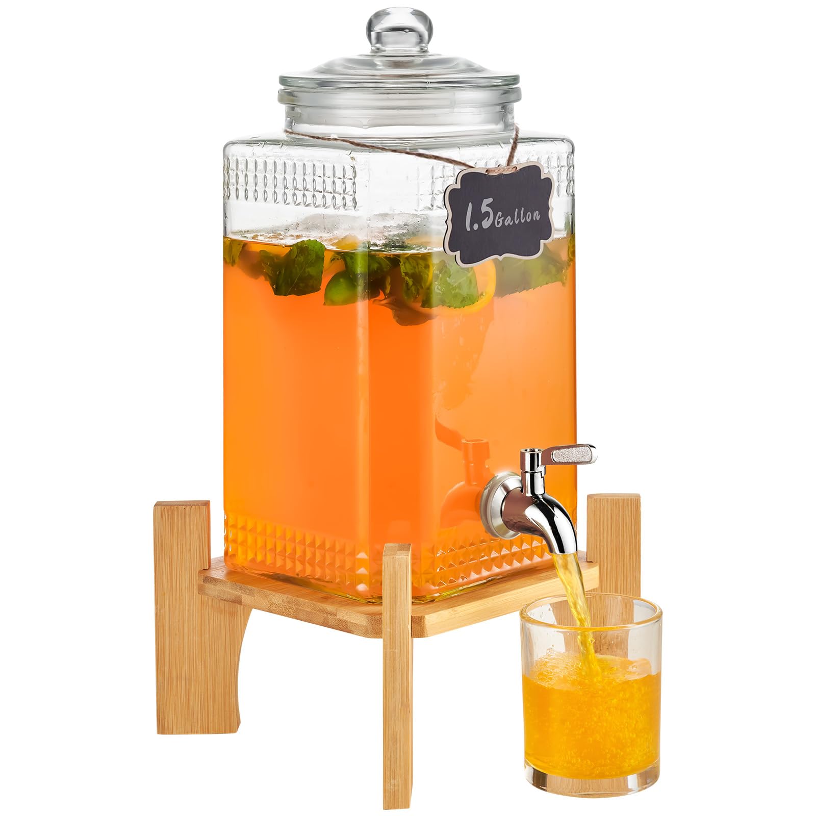 VEVOR Distributeur de Boissons de 5,5 L, Fontaine à Eau en Verre Alimentaire avec Support, Robinet en Acier Inoxydable, Distribution de Jus Limonade Thé Glacé, pour Restaurants, Hôtels, Cafés, Soirées