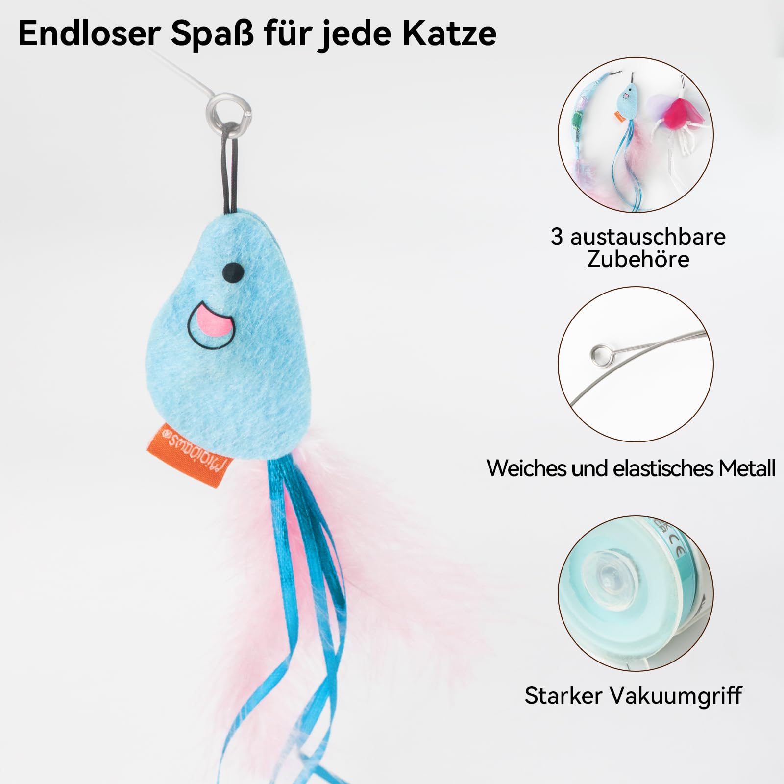 Migipaws Interaktives Katzenspielzeug mit starkem Saugnapf, 70 cm flexiblem Draht und DIY Biegedesign, Katzenangel mit Federn & Auto-Timer, Katzenspielzeug selbstbeschäftigung,wiederaufladbar