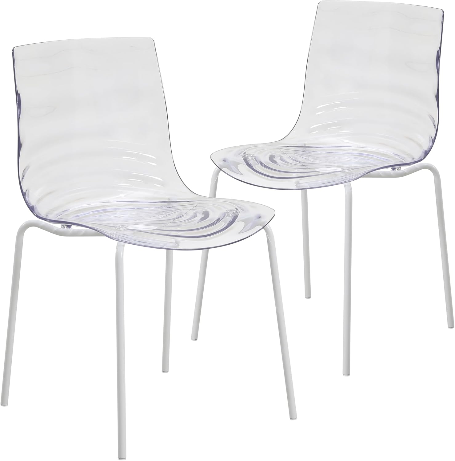 LeisureMod Dining Chair, Modern Minimalist Stackable Side Accent Chair, ABS Plastic with White Stainless-Steel Legs for Home, Kitchen, Dining Room, Astor Series in Clear Clear/White 2-Pack