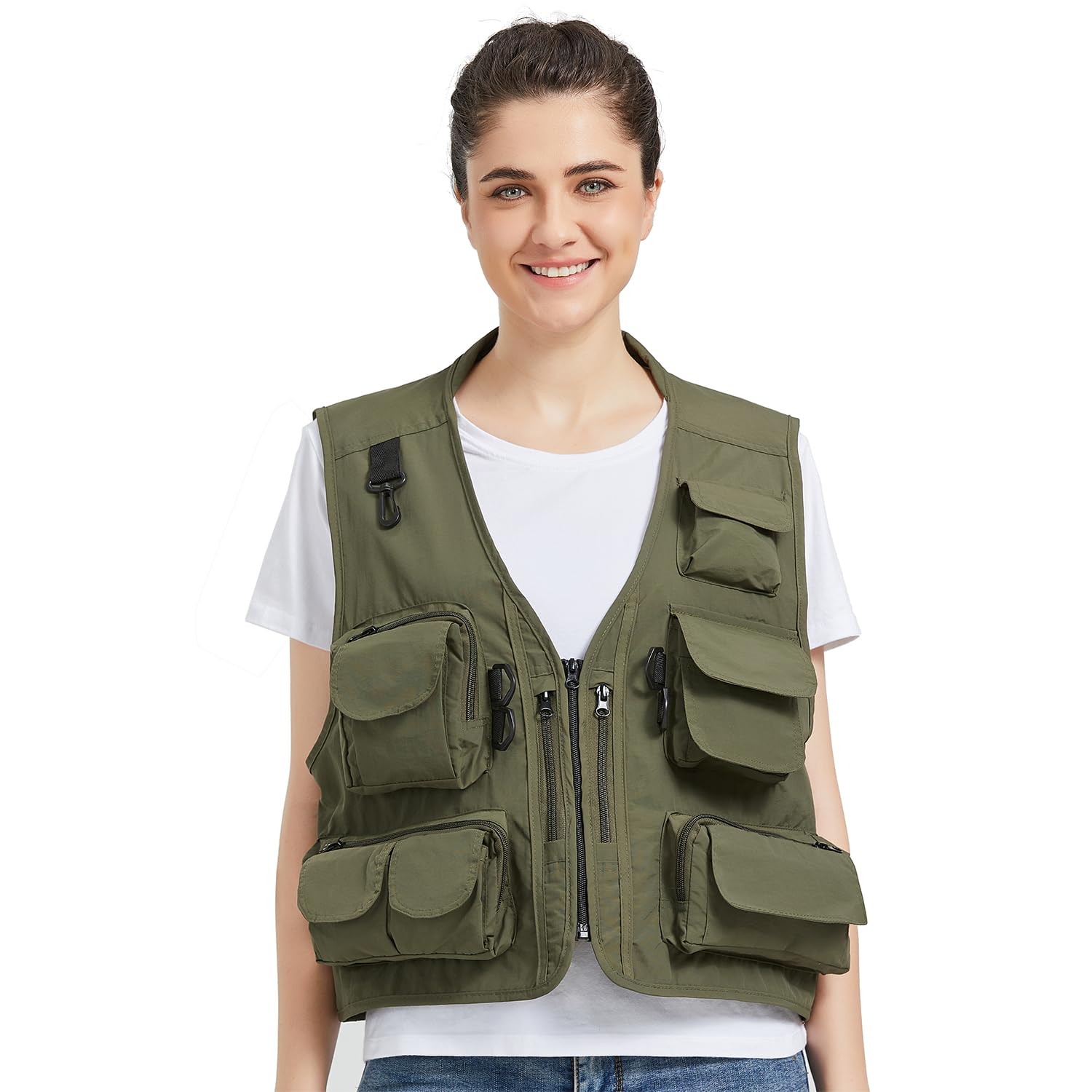 Ziker Women's Mesh Breathable Openwork Jouralist Photographer Fishing Vest Waistcoat Travel Jacket Coat With Pockets (as1, alpha, m, regular, regular, New Army Green), New Army Green, Medium, New Army