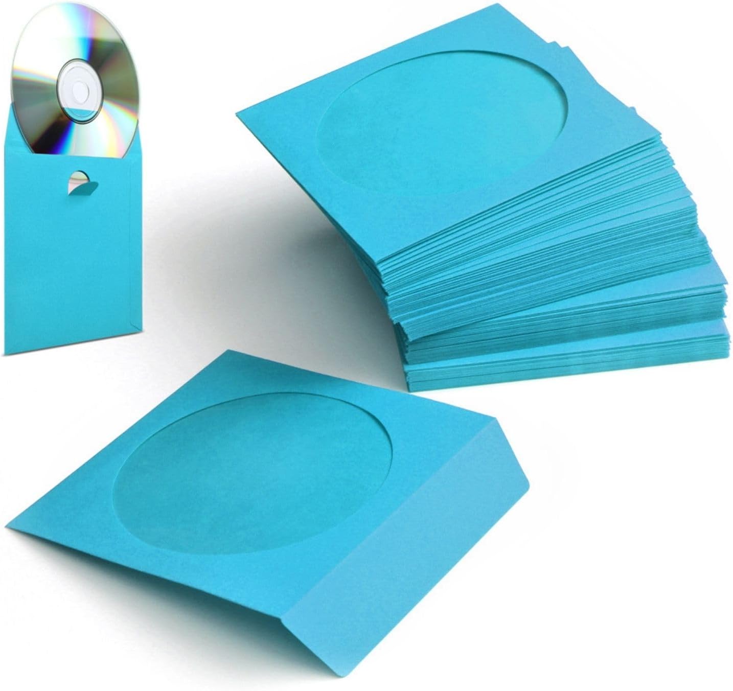 Flexzion DVD CD Sleeves 100 Pack - Premium Paper CD Sleeves for Blank CDs for Burning Music Movie Video Game Disc - Thick Disc Sleeve CD Envelopes Storage with Window Cutout and Flap, Blue