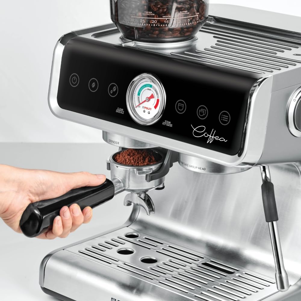 Polti Coffea G50S, ekspres do kawy z wbudowanym młynkiem do ziarna, do espresso i cappuccino, 30 poziomów mielenia, profesjonalny młynek do mleka parowego, srebrny
