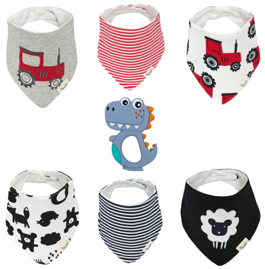Drool Proof Bibs & Teether Set - Cotton Bibs 6-Pack, Towel Bibs for Babies, Infants, Toddlers - Teething Bibs with Snaps