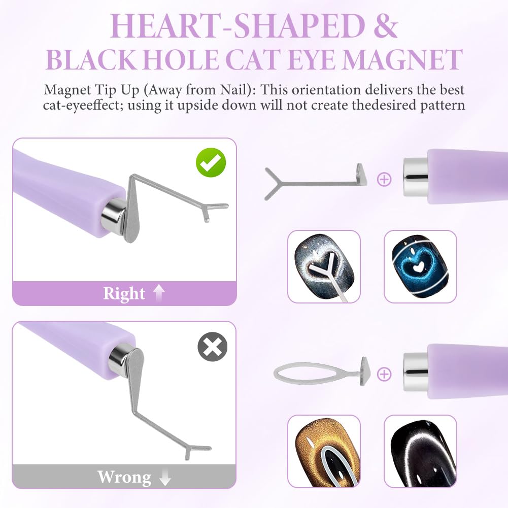 7 Pièces Aimant Cat Eyes Ongles Ensemble, 8 in 1 Aimant Ongle, Cat Eye Magnet, Cat Eye Magnet, Outils de Nail Art DIY, Stylos Magnétiques Cylindriques avec Lapin et Cœur