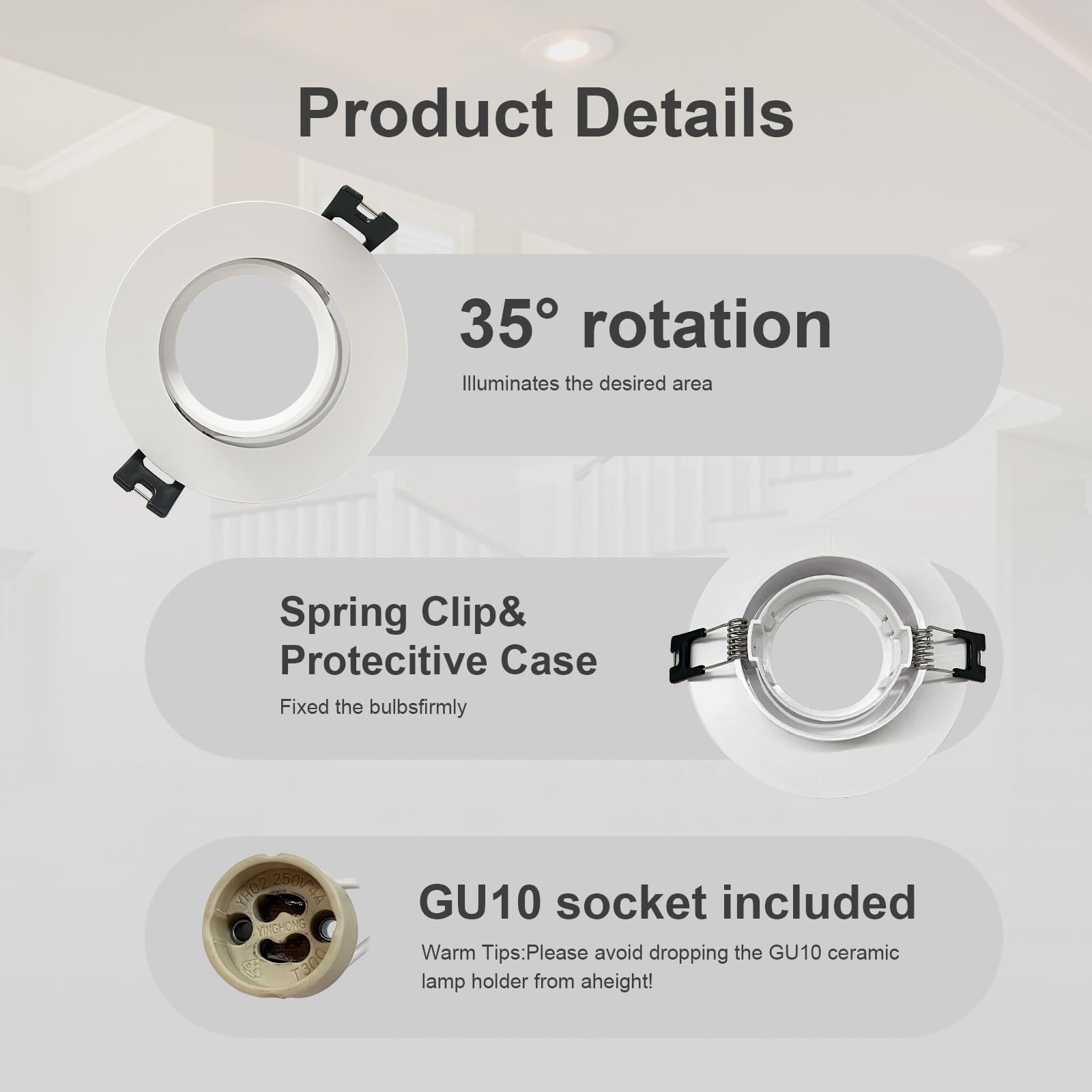 12x GY Recessed Spotlight GU10 Socket, LED GU10 recessed Frame Ceiling spot White Round, Socket for MR16 LED Bulbs - Image 4