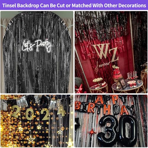 Image of Black Tinsel Foil Fringe Curtains 3.3 x 8.2 ft, Black Fringe Backdrop for Streamers Party Decorations, Glitter Photo Backdrop for Door Decorations Hanging Birthday Bachelorette Halloween (2 Pack)