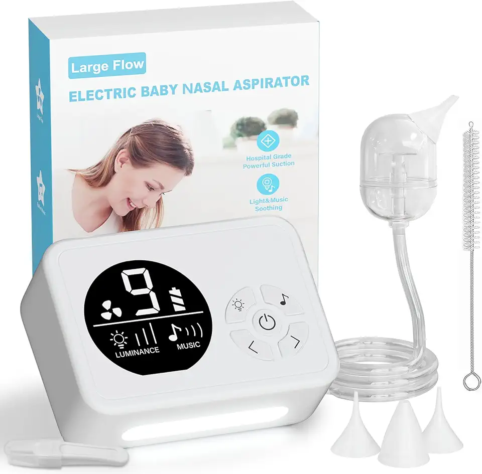 Nasal Aspirator for Baby, Nose Sucker with 9 Suction Levels, Electric Snot Sucker, 3 Levels Night Light &amp; Nursery Rhyme Soothing Function, Food-Grade Silicone Tips