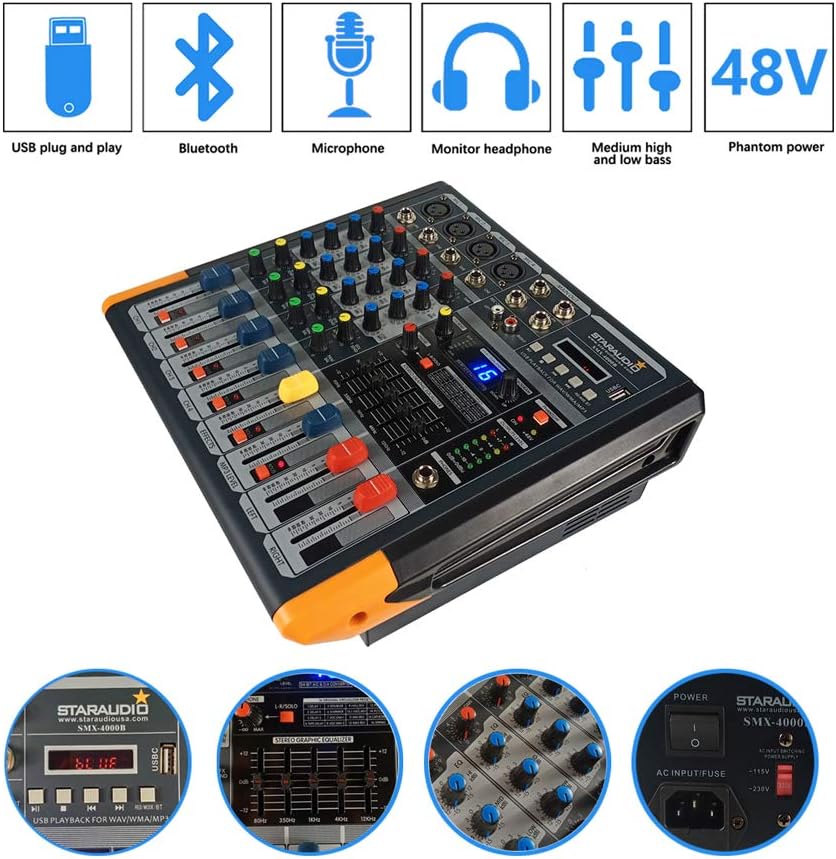 4Channel Amplifier Powered Mixer System With Console USB Bluetooth MP3 Player Mixing For PA DJ Stage System,Night Club,Karaoke,KTV,Church,School Play,Professional Show,Wedding Party SMX4000B