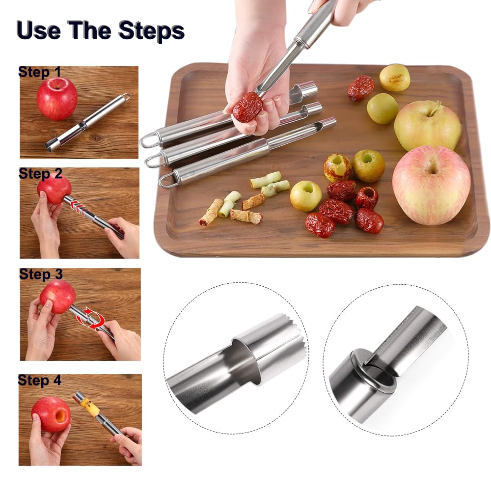 PHEZEN 4-Pc Stainless Steel Fruit Corer & Pitter Set – For Pears, Cherries, Jujubes & Dates - View #3
