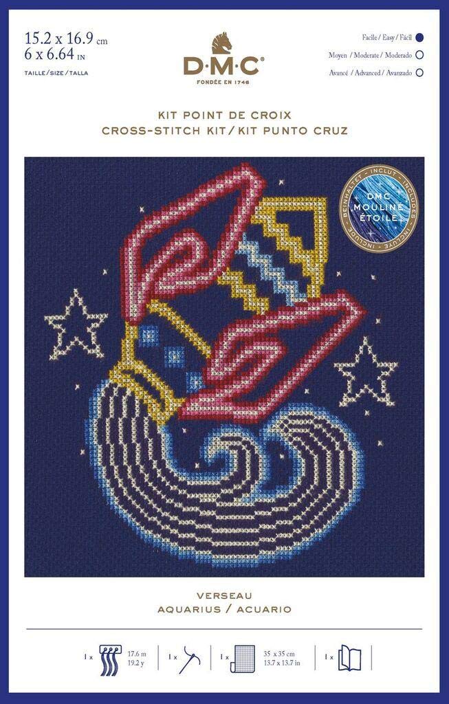 DMC Star Sign Cross Stitch Kit - Aquarius, Includes Aida Fabric 5.5pts/cm, Mouliné Étoile Thread, Needle and Chart