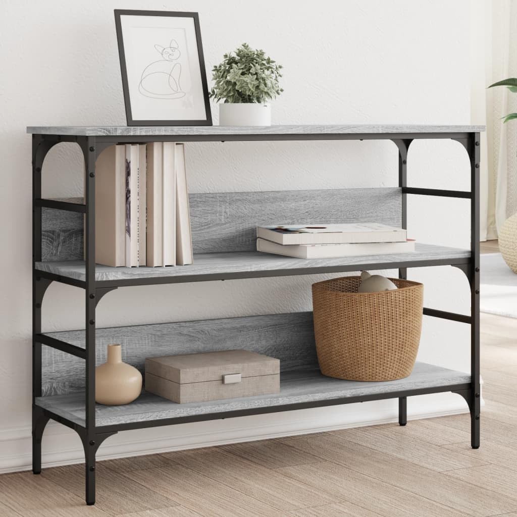 SXZenSpace Console Table Grey Sonoma 100 x 32 75 cm engineered wood & metal, slim hallway table with shelves, modern sofa side for living room corridor bedroom
