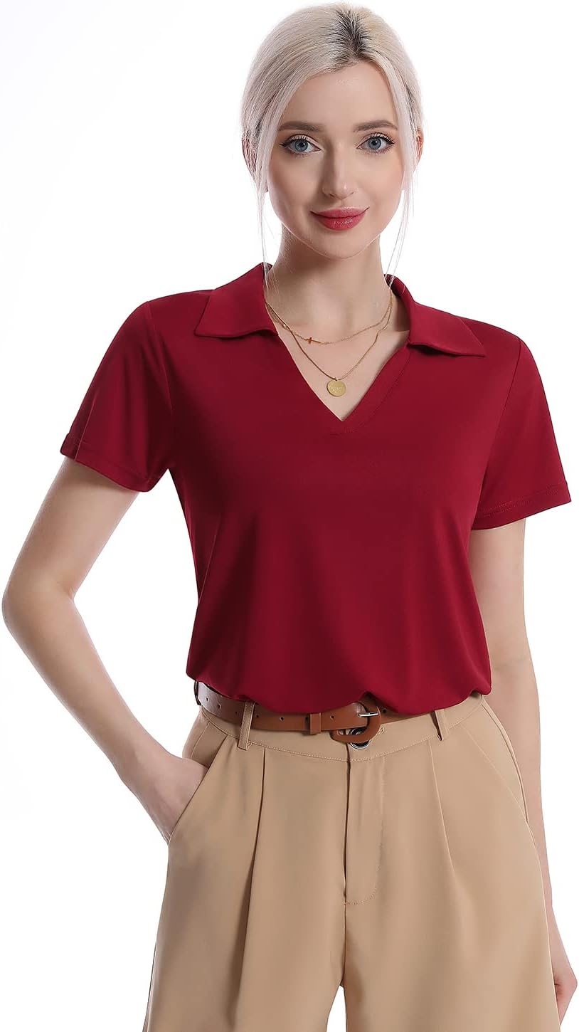 Femdouce Women's Polo Shirts V-Neck Short Sleeve Moisture Wicking Collared Shirts for Women Golf Polo Shirt for Work 1-3 Pack