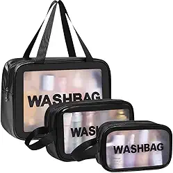 Conjunto de 3 Necessaire Transparente Washbag Kit 3 Tamanhos P M G para Viagem, Maquiagem, Banho e Academia - Impermeável, Versátil, Leve e Fácil de Limpar Zíper à prova d'agua (Preto)