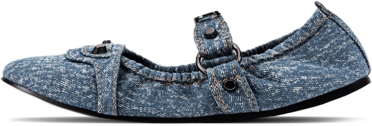 Ring-Embellished Ballet Flats for Women Studded Ruched Round Toe Mary Jane Flats Buckle Strap Fashion Comfort