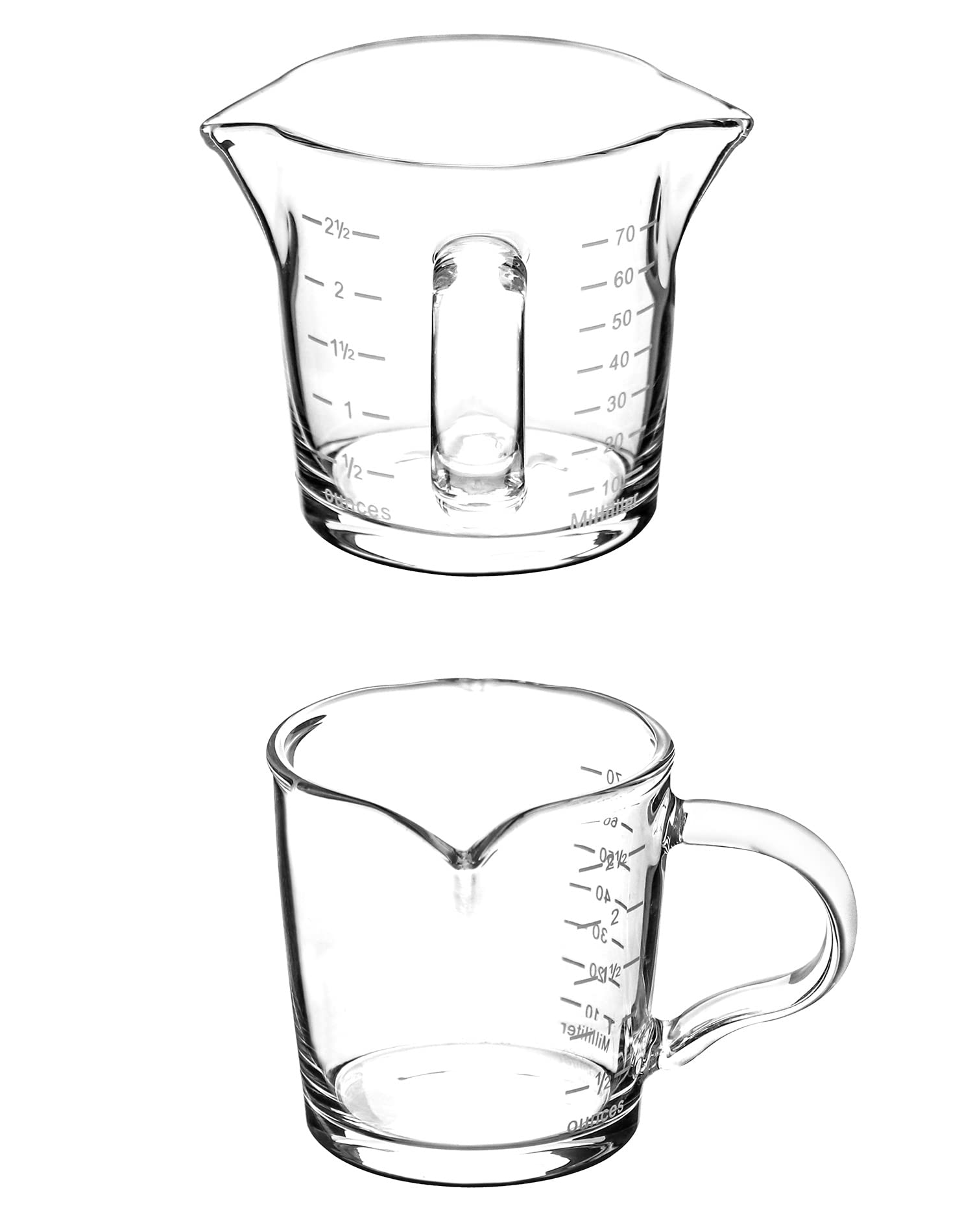 Vaso de chupito espresso con asa, paquete de 2 tazas medidoras de vidrio de doble boquilla de 3 onzas, taza de leche triple con dos escalas (OZ y ML) 3