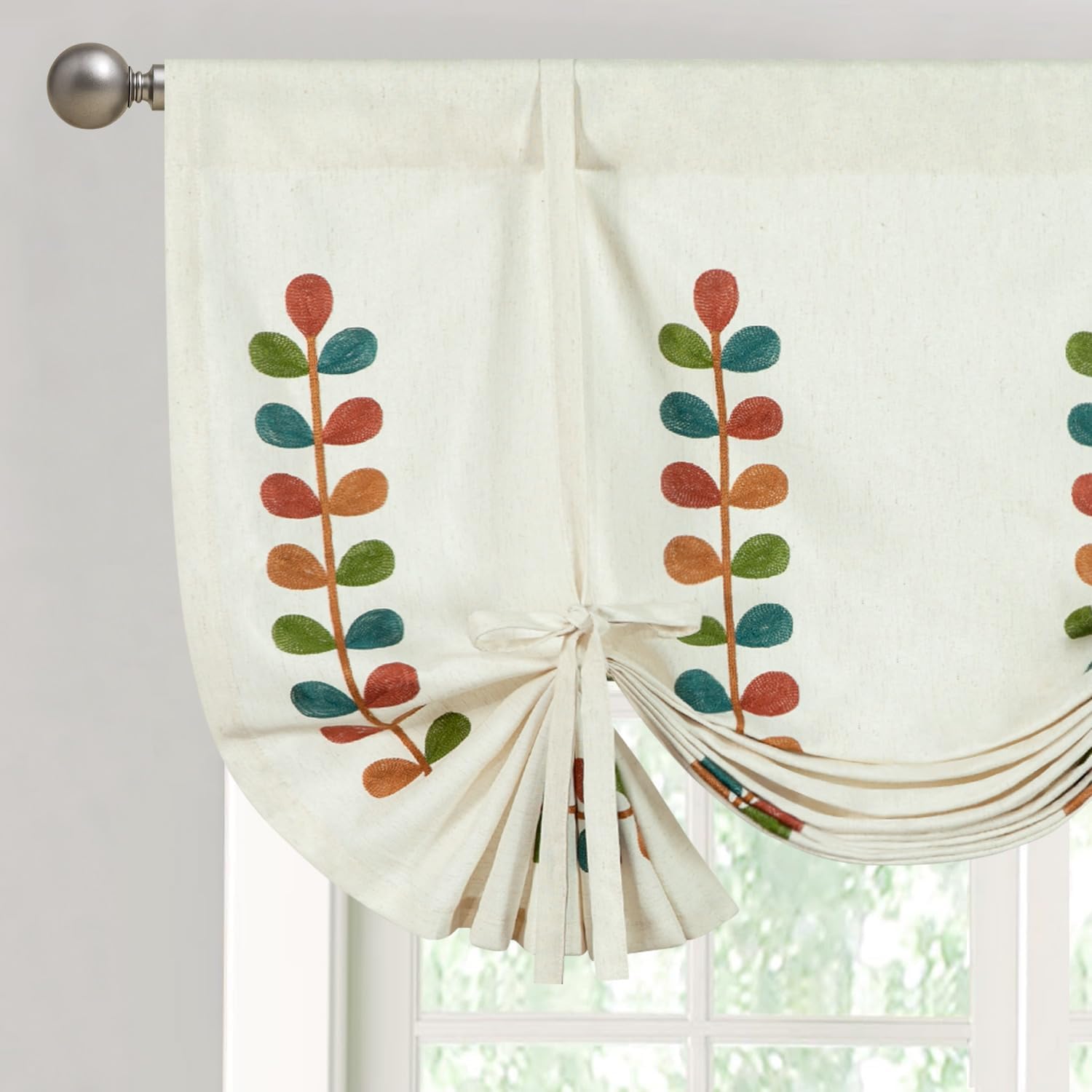 VOGOL Tie Up Valance Curtains 63 Inches Long, Country Style Leaves Pattern Balloon Shade for Kitchen, Light Filtering Drapes for Living Room, 1 Panel, White, 42 x 63