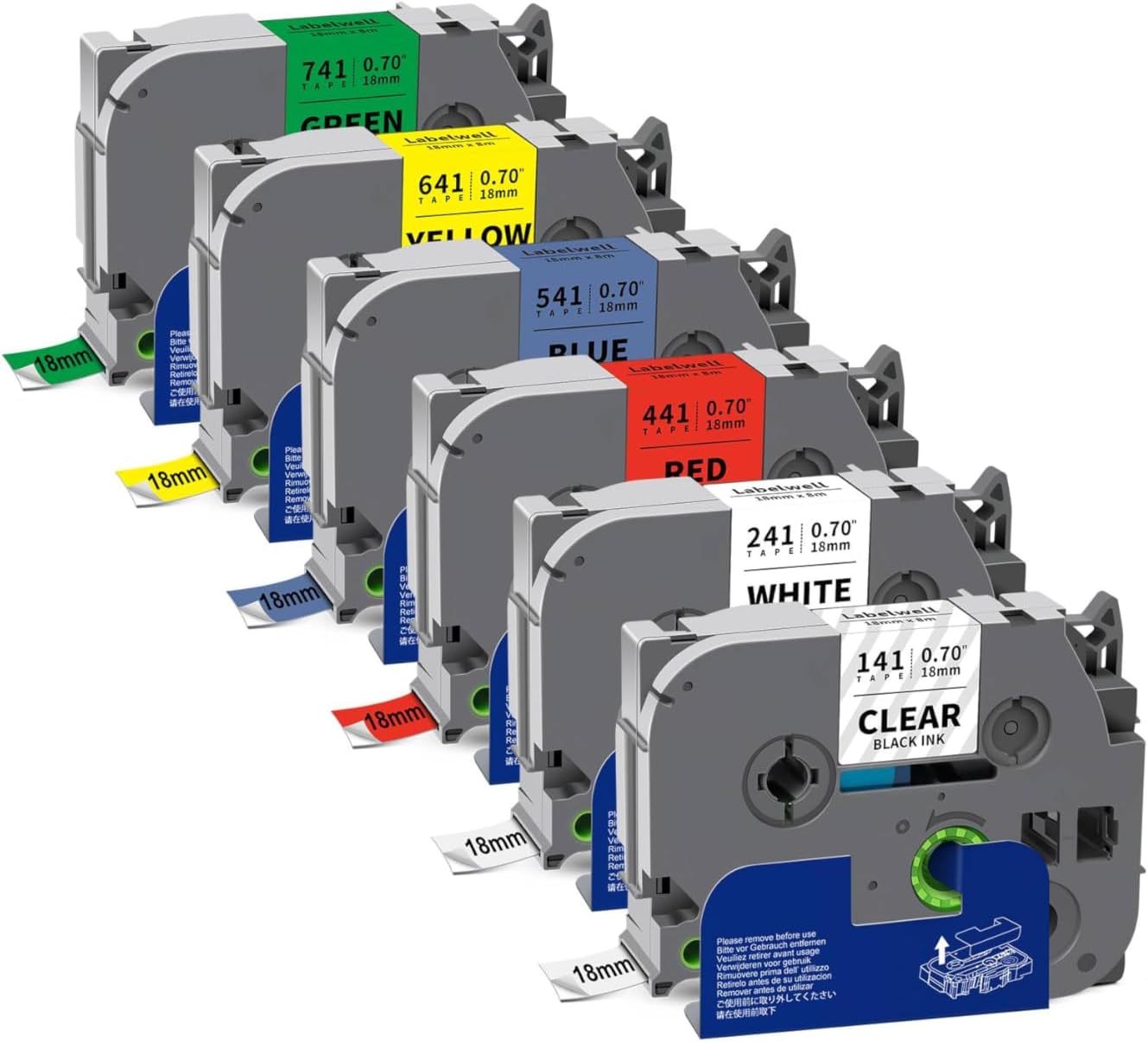 Labelwell 6-Pack TZe 24mm 0.94" Laminated Compatible for P Touch 1 Inch TZ Label Tape TZe-151 251 451 551 651 751 for Ptouch PT-D600 P700D 410 D610BT P710BT, Clear/White/Red/Blue/Yellow/Green