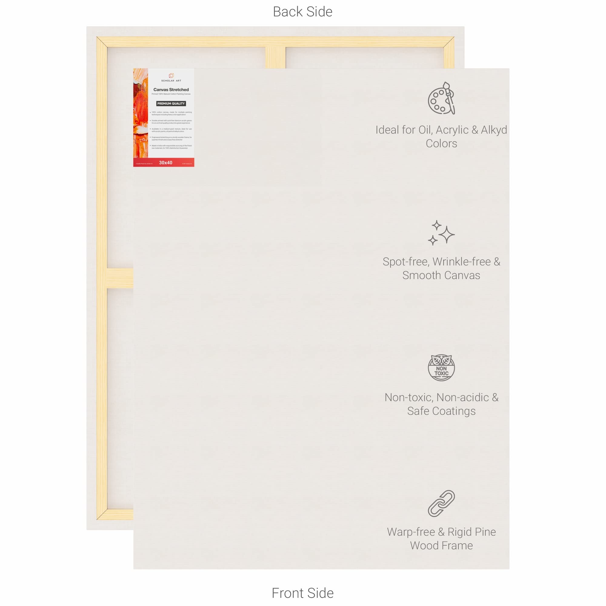 Scholar Art® Artist Standard Series 10 Oz (440 GSM) 100% Cotton Pre-Stretched Canvas with Wooden Frame 18x40 mm | Primed Canvas Stretched for Oil & Acrylic Painting | 30"x40" (75x100 cm), Pack of 2 4