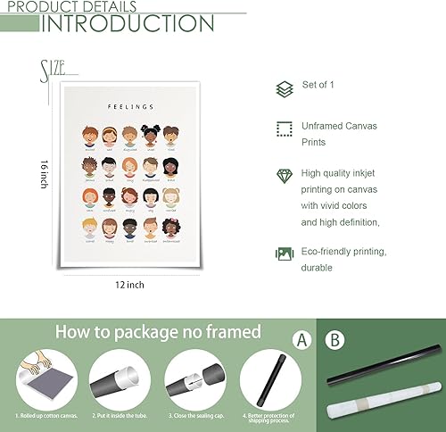 Miniatura 7 de uoyien Póster de sentimientos y emociones para niños, concientización sobre la salud mental, lienzo para pared, emociones especiales, caras