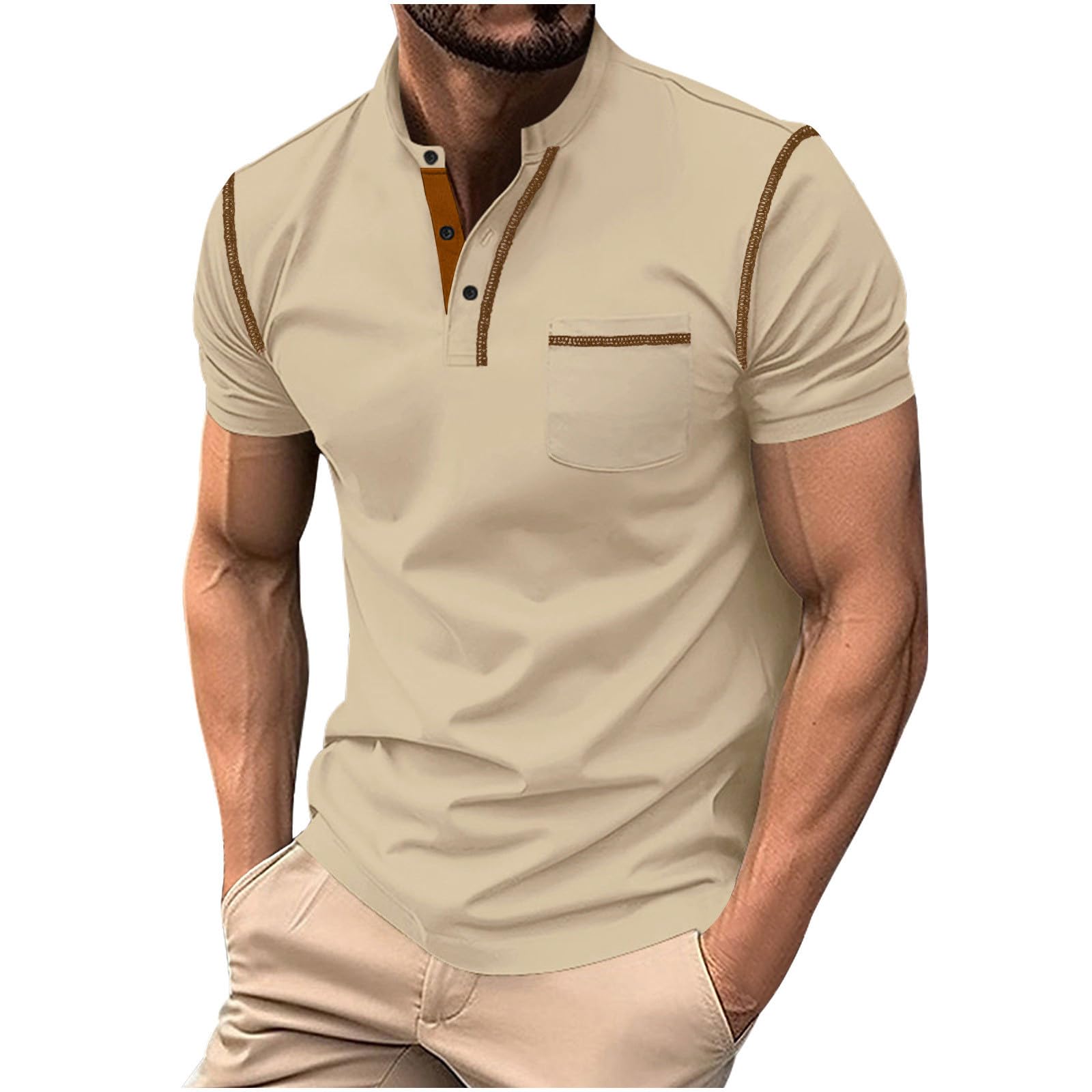 pnroktd - playera tipo polo para hombre, estilo Henley de moda, para entrenamiento, gimnasio, manga corta, para verano, golf, deportes, ajuste regular, Caqui, 3X-Large