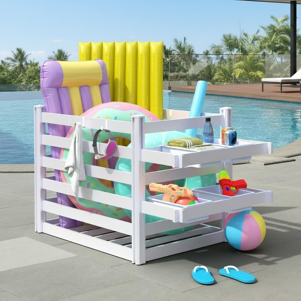 EUNHOO Pool Toy Storage Organizer, 64" L x 36" W x 39" H, Outdoor Deckbox with 4 Removable Towel Hooks & 2 Basket Rack (Basket not incl.) Waterproof Poolside Float Equipment Enclosure Bins Deck
