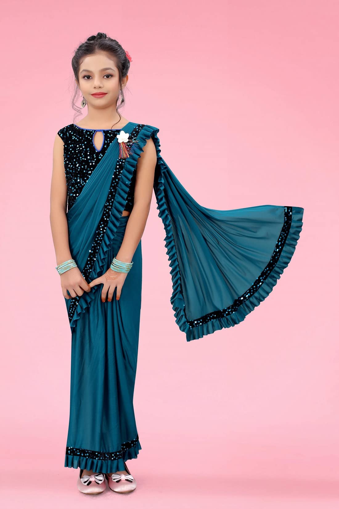 Dhyey fashion Girls Lycra Blend Ruffle Pattern Saree With Velvet Unstitched Blouse Piece - Image 3 thumbnail