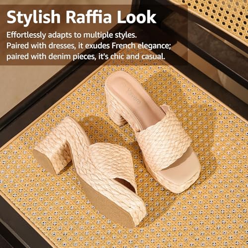 Image of Yavero Straw Chunky Heels Open Toe Bohemia Sandals for Vacation