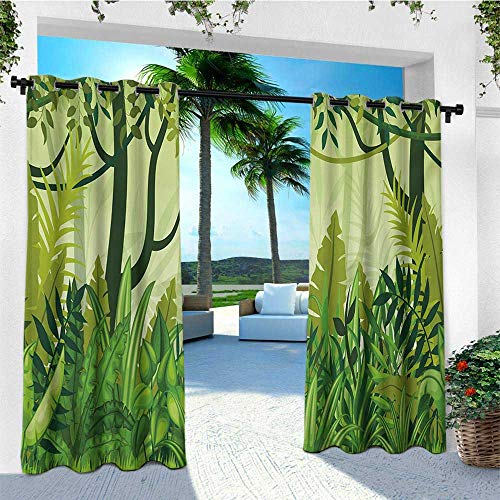 Plant, Outdoor Curtain Panels Set of 2, Cartoon Style Jungle Depiction Hand Drawn Digital Rainforest Leaves Bushes Trees, Set for Patio Waterproof W96 x L96 Inch Jungle Green