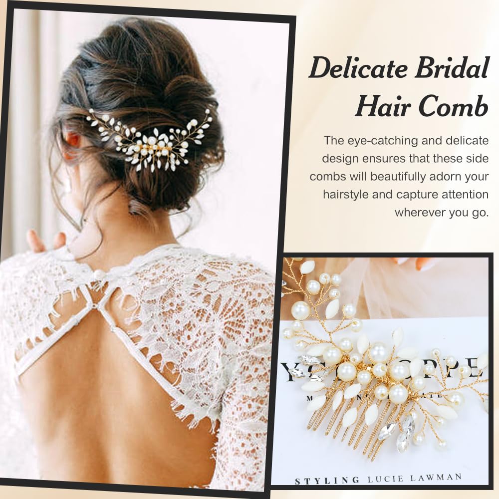 Dizila 3 Pieces Gold Metal Glitter Rhinestone Pearl Party Prom Wedding Bridal Hair Side Combs Slides Headpieces for Women Girls Brides Bridesmaids - Image 4