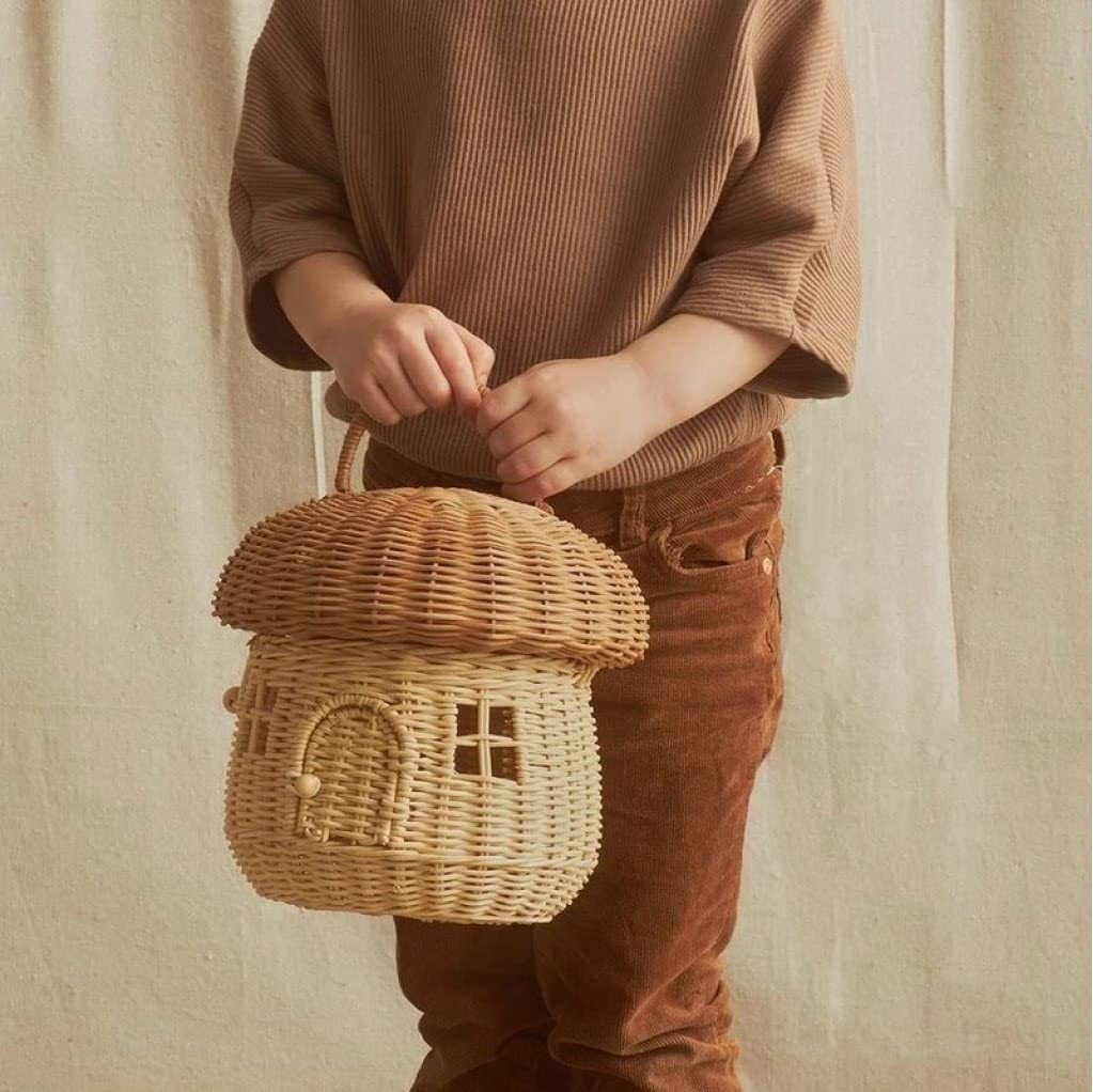 Mushroom Baskets, Rattan Woven Mushroom Shaped Storage Basket with Lid & Handle, Fairy Doll House, Handmade Shelf Organizer, Handcrafted Gift Decoration Artwork (25cm/9.8inch)