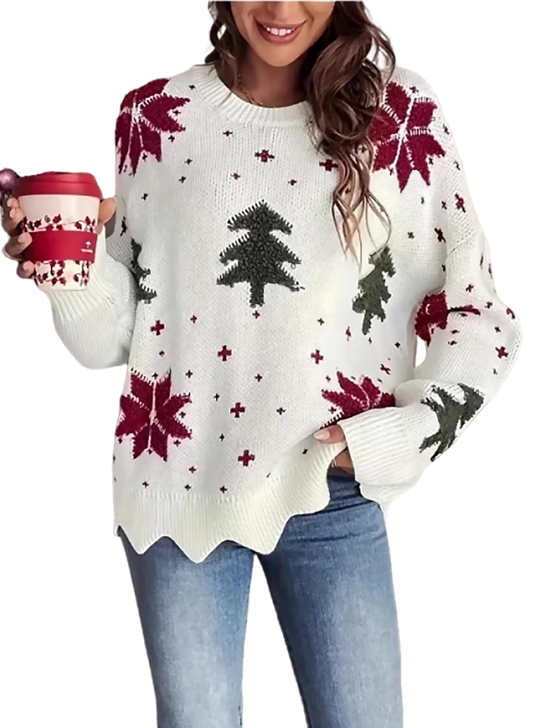 utcoco Christmas Sweaters for Women Contrast Embrodery Oversized Knit Sweater Pullover