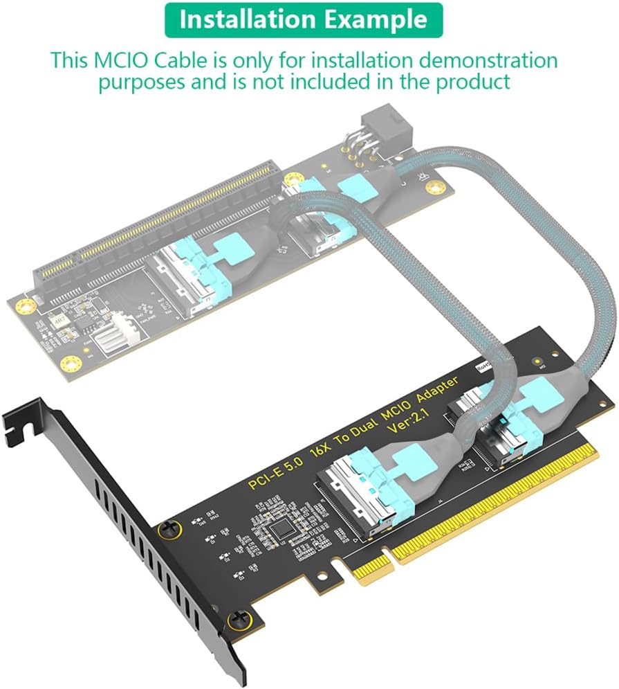 JMT PCIe 5.0 x16 to Dual MCIO SFF-1016 8i 74Pin Adapter Card 128Gbps Total Bandwidth with Low Profile Bracket for ATX mATX ITX Cases