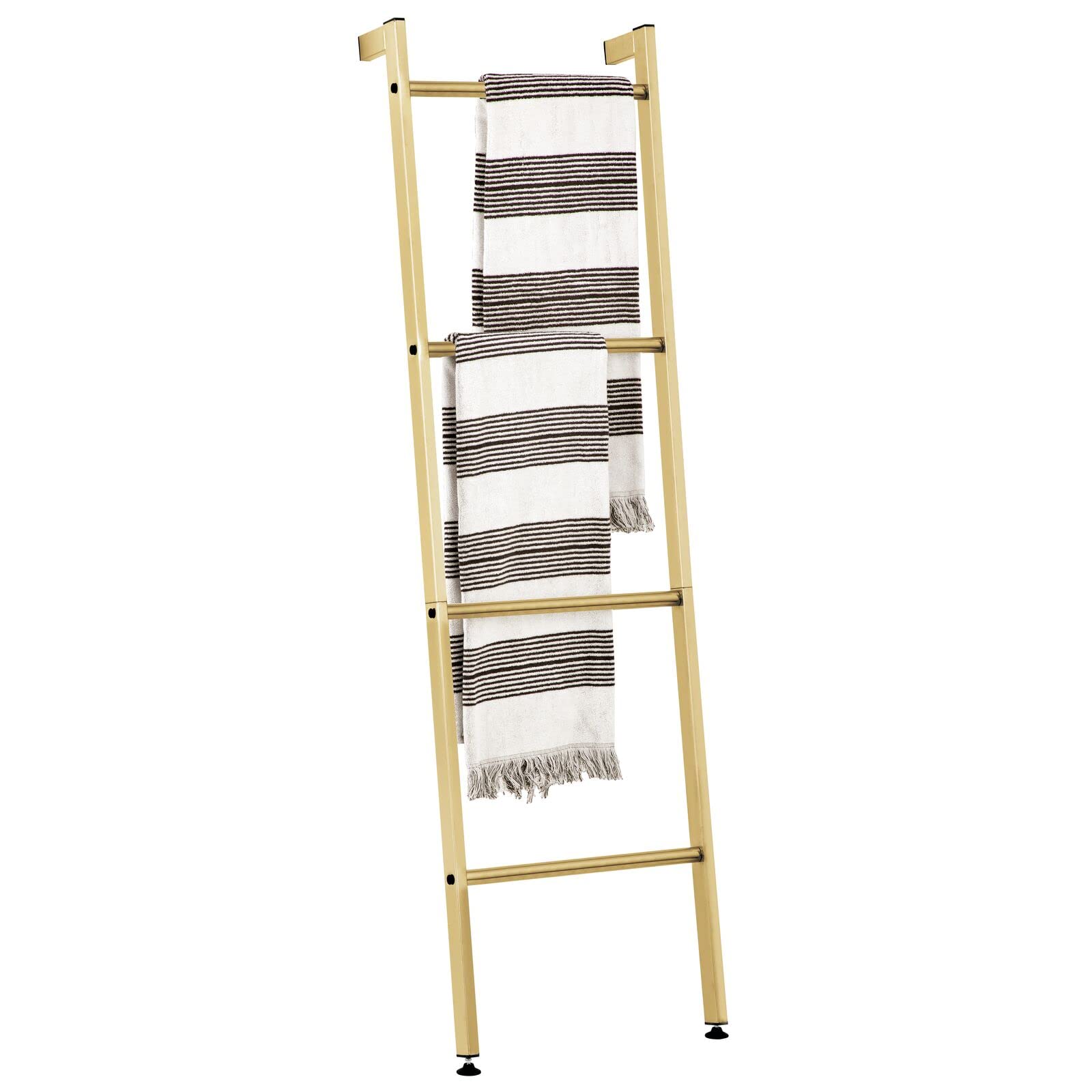 mDesign Metal Free Standing Wall Leaning Decorative Bath Towel Rack Bar Storage Ladder - for Bathroom, Kitchen; Holds Towels, Blanket, Throw Blankets, Quilts - 4 Levels - Soft Brass